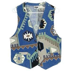 Vintage 90s Western Vest Unisex Small Medium Southwestern Fuzzy Blue Green